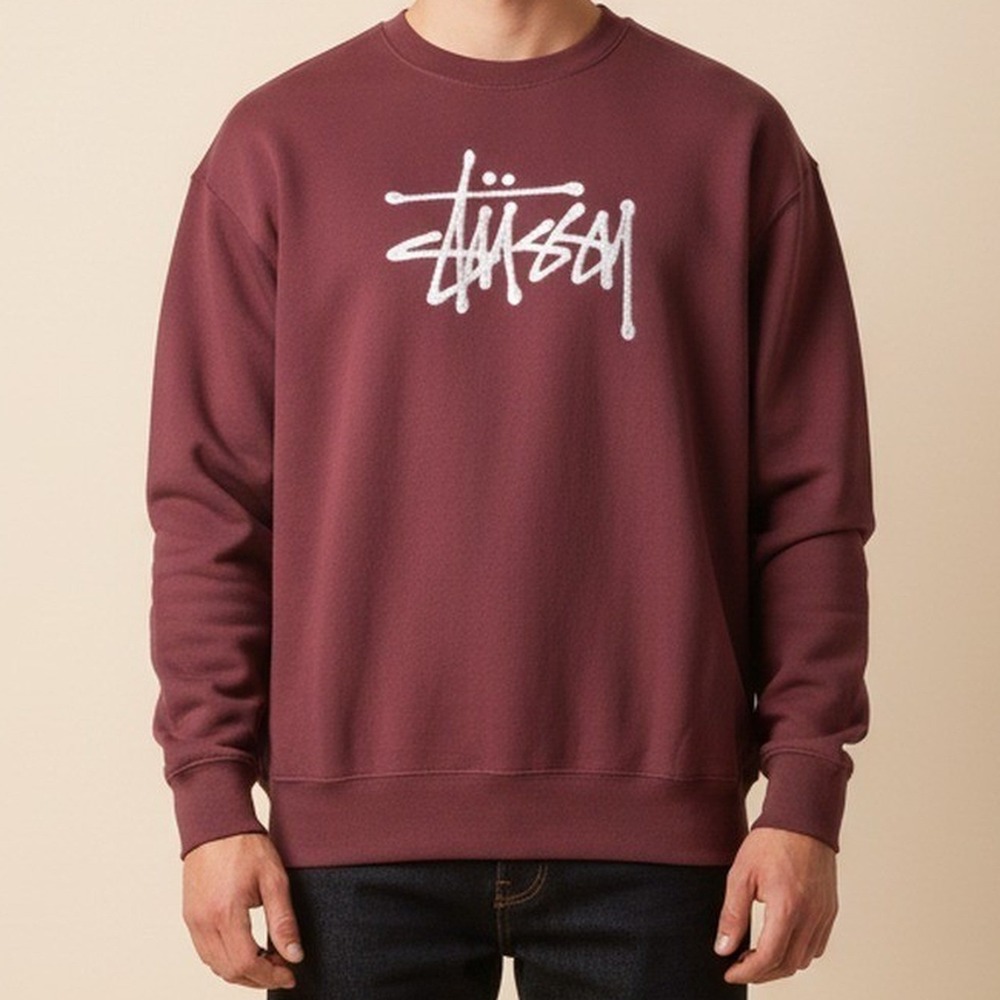 Stussy Mens Reworked Crewneck Sweatshirt Maroon Red White Embroidered Stock Logo